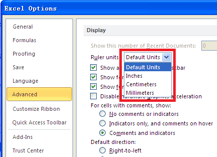 Change Excel Ruler units